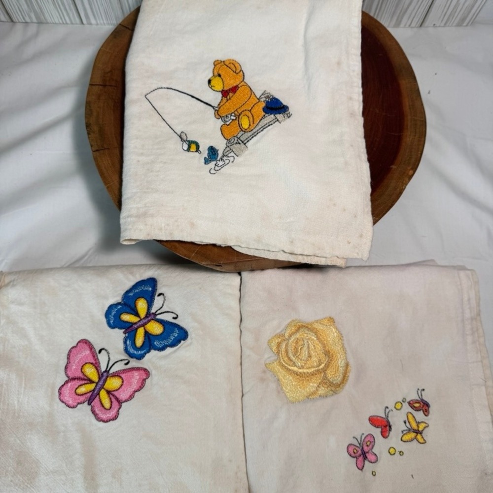 Vintage‎ 100% Egyptian Cotton Embroidered Cloth Set Teddy Bear Butterfly 34x30